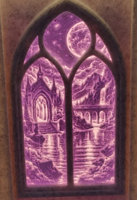 Scène La Cathédrale : Une cathédrale et son pont, reflétés dans l'eau.