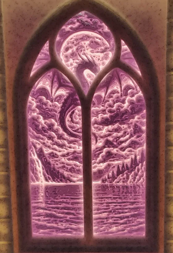 Scène Le Dragon : Un dragon s'enroule sous la lune, au-dessus d'un lac.