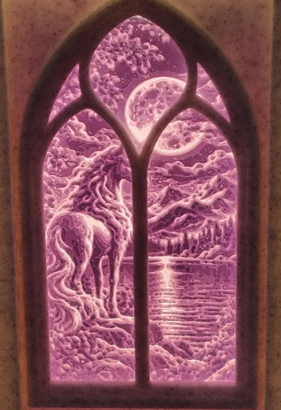 Scène La Licorne : La licorne au bord de l'eau, la lune en reflet.