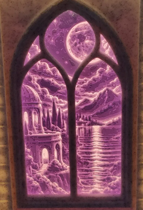 Scène Le Palais : Arcades et colonnes face à la mer, sous la pleine lune.